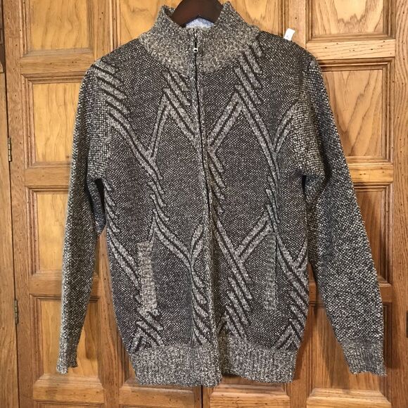 Geometric Design Knit Cardigan Sweater Men's XL Full Zip Plaid Fleece Lined Zip - Picture 1 of 11